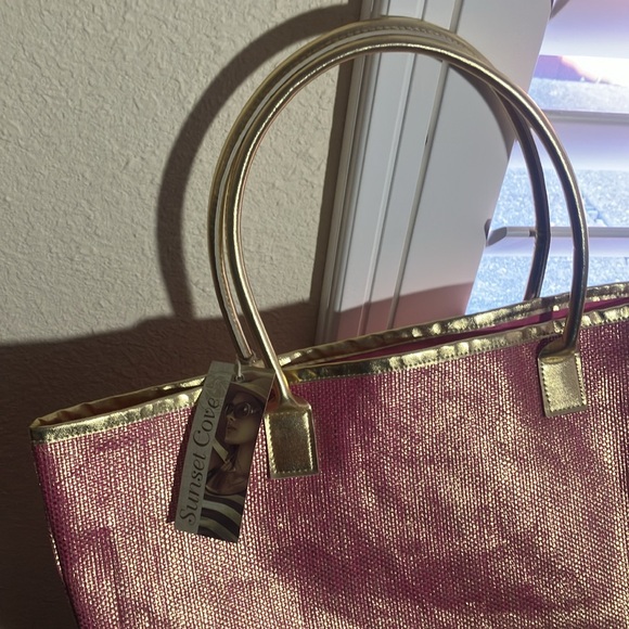 🩷💛Sunset Cove CUTE Pink & Gold Metallic Large Tote Bag W/Gold Handles NEW!! - Picture 6 of 6